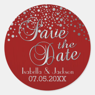 Save the Date Silver Dots & Red Personalize Classic Round Sticker