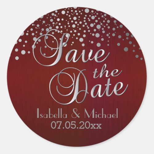 Save the Date  Silver Dots  Red  Personalize Classic Round Sticker