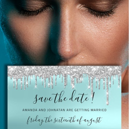 Save The Date Silver Gray Blue Spark Drips Aqua