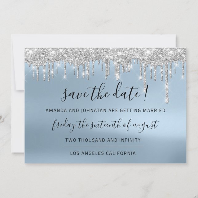 Save The Date Silver Gray Blue Spark Drips Lux (Front)