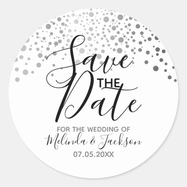 Save the Date | Silver Gray Dots Classic Round Sticker (Front)