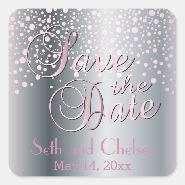Save the Date Silver & Pink Dots | Personalize Square Sticker (Front)