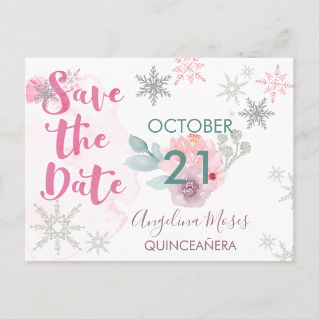 Save the Date Silver Pink Snowflakes and Flowers Announcement Postcard (Front)