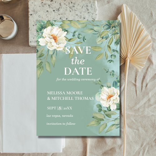 Save the date silver sage eucalyptus white flower invitation