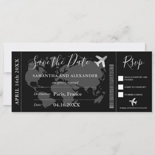 Save the date silver world map boarding pass