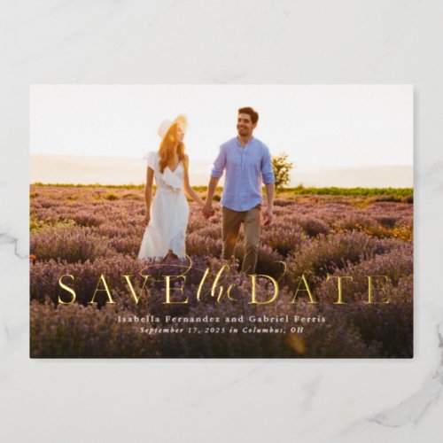 Save the date simple elegant horizontal one photo foil invitation