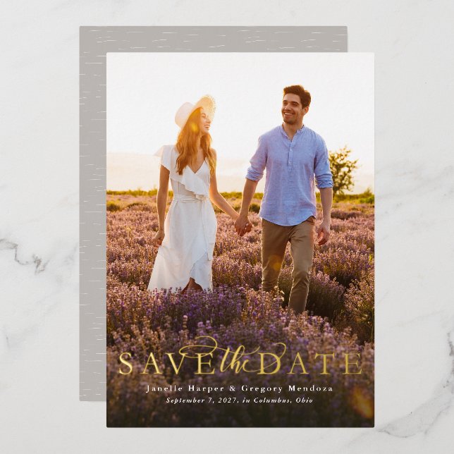 Save the date simple elegant vertical one photo foil invitation (Front/Back)