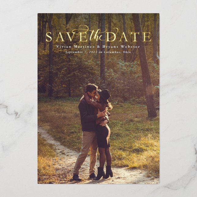 Save the date simple elegant vertical one photo foil invitation (Front)