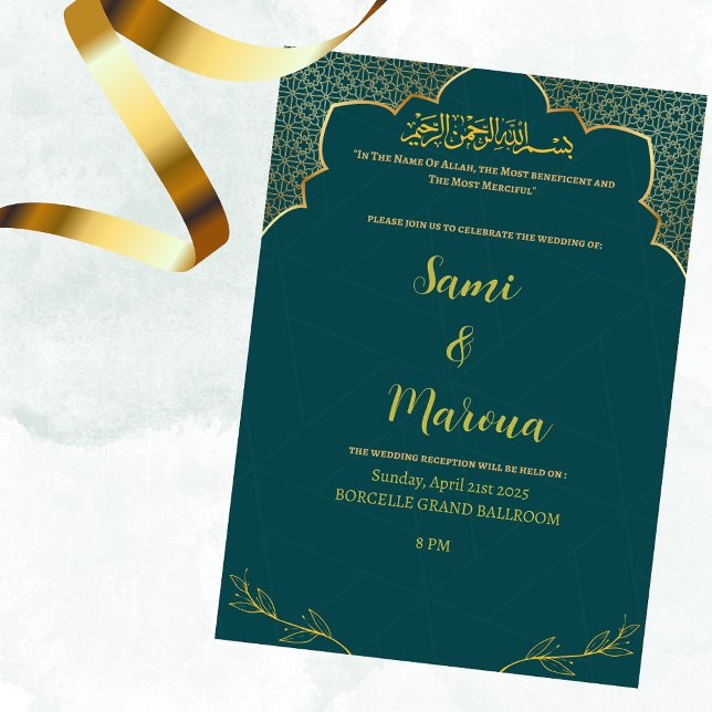 Save the date simple green and gold card (Creator Uploaded)