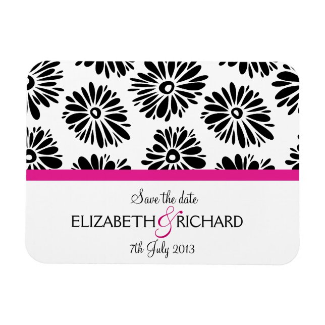 Save the Date Simple Groovy Black White Daisy Magnet (Horizontal)