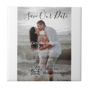Save the date simple minimal QR scan code details Ceramic Tile