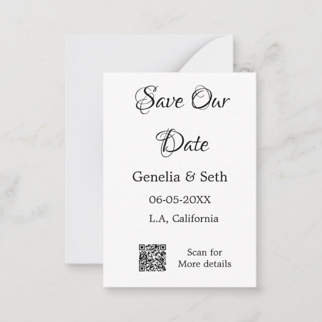 Save the date simple minimal QR scan code details  Note Card (Front)