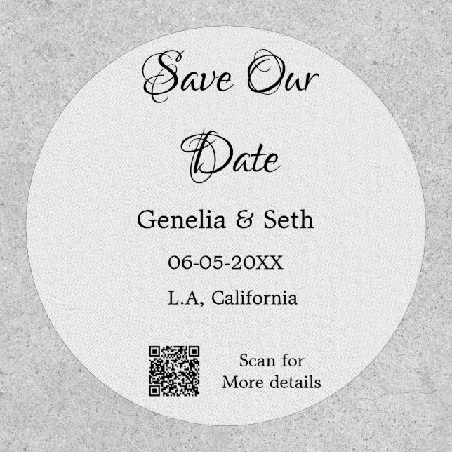 Save the date simple minimal QR scan code details  Patch (Front)
