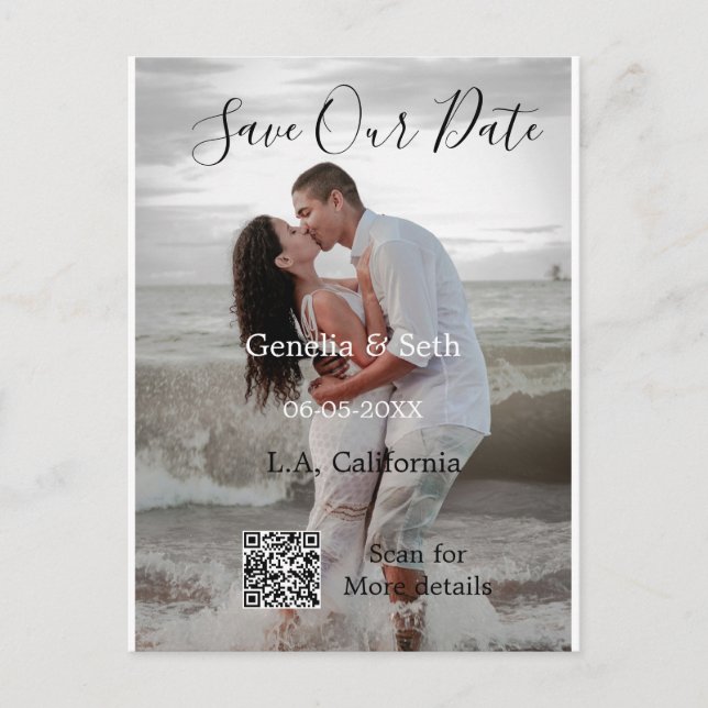 Save the date simple minimal QR scan code details  Postcard (Front)