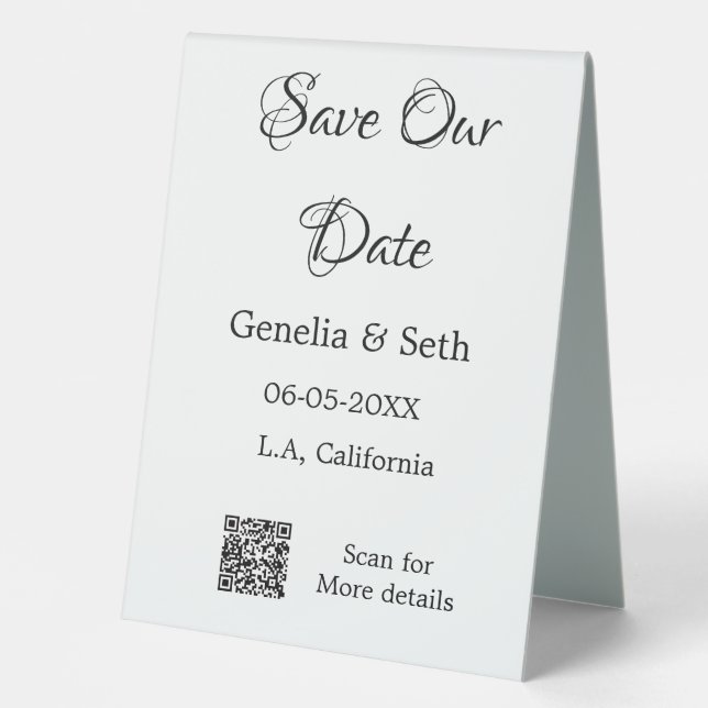 Save the date simple minimal QR scan code details  Table Tent (Front)