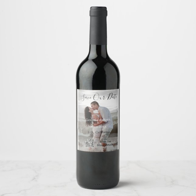 Save the date simple minimal QR scan code details  Wine Label (Front)