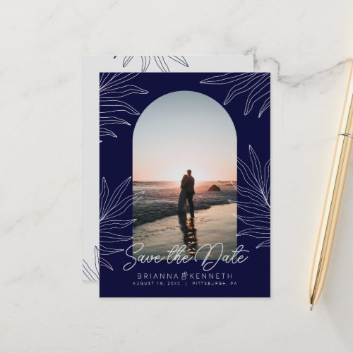 Save the Date Simple Navy Blue Boho Arch Photo Postcard