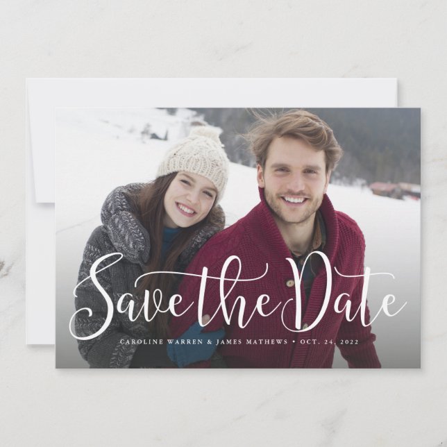 Save the date simple script horizontal photo card (Front)