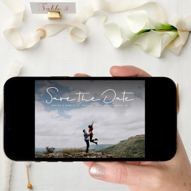 Save the date simple white handlettered photo card (Front Digital)