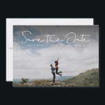 Save the date simple white handlettered photo card<br><div class="desc">For a laid-back and casual couple, this one-photo horizontal save the date features a hand-written white script and room for the details of the bride and groom's big day. In this version, the text sits at the top of the photo frame. The back is a light blush pink with a...</div>