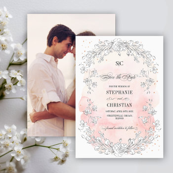 Save The Date Sketched Floral Blush Pink Photocard Invitation by YourWeddingDay at Zazzle