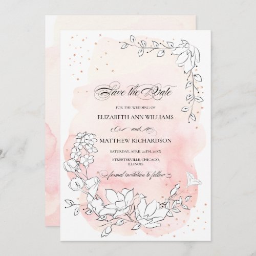 Save the DateSketched Floral Blush Pink Wedding Invitation