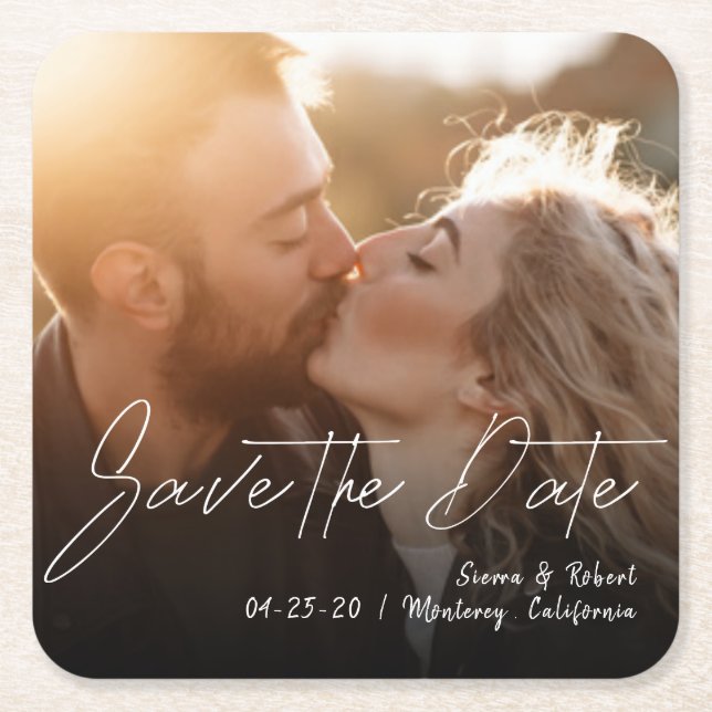 Save the Date Smooth Pen Stroke Announcement Square Paper Coaster (Front)