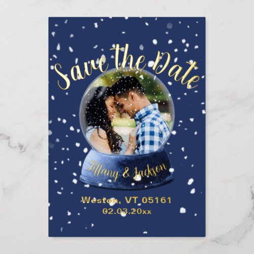Save The Date Snow Globe Photo Winter Wedding Foil Holiday Card