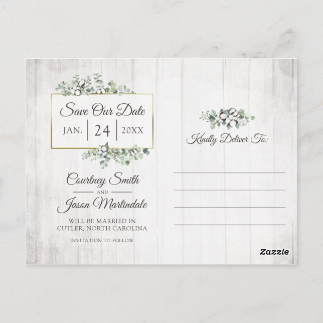 Save The Date Southern Cotton Wedding 3-Photo Postcard (Back)