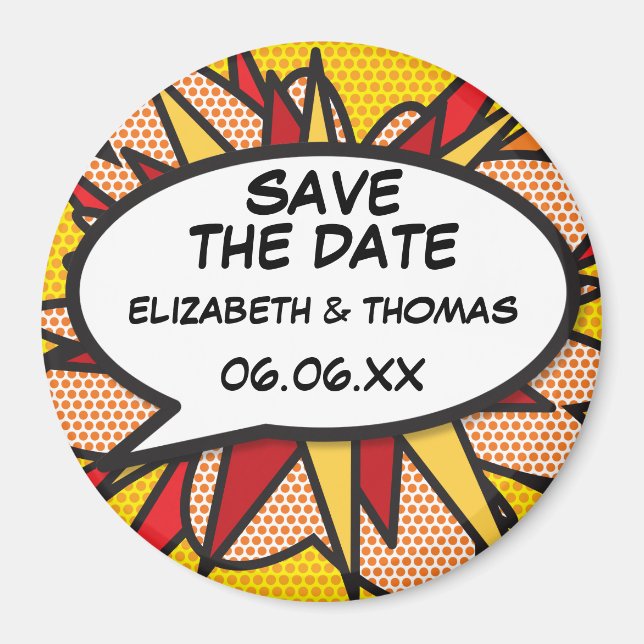 SAVE THE DATE Speech Bubble Fun Retro Comic Book Magnet (Front)