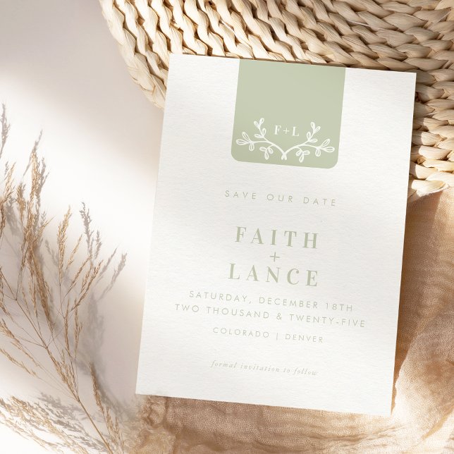 SAVE THE DATE spring garden twig logo sage green Invitation (Creator Uploaded)