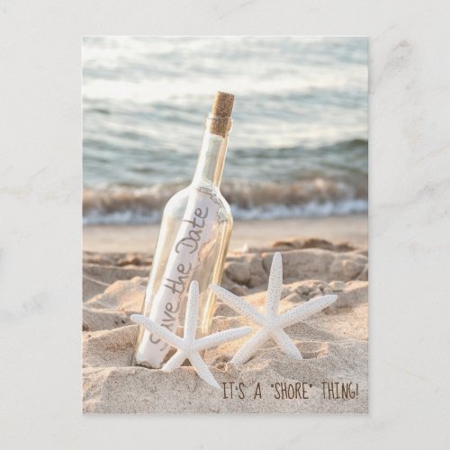 Save The Date starfish and message in a bottle Announcement Postcard