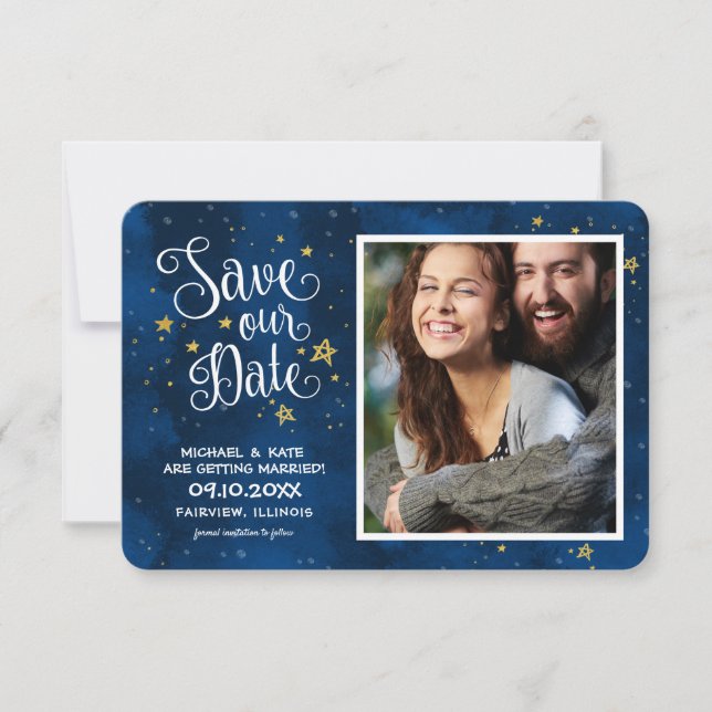 Save The Date Starry Night Gold Navy Watercolor | (Front)