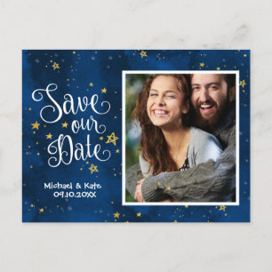 Save The Date Starry Night Gold Navy Watercolor Announcement Postcard
