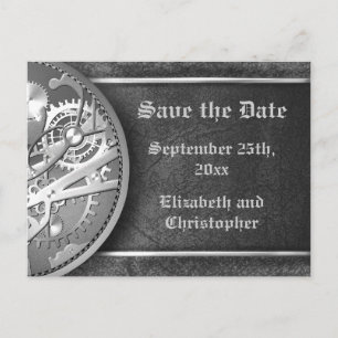 Save the date steampunk gears black and white announcement postcard