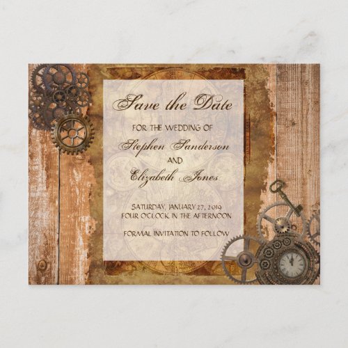 Save The Date Steampunk Industrial Vintage Gears Announcement Postcard