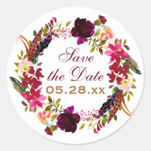 Save the Date Sticker _ Burgundy Floral Feathers