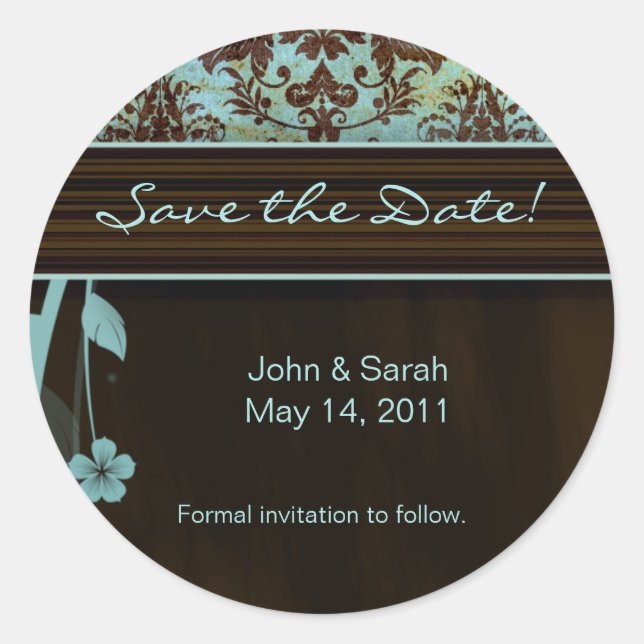 Save the Date Sticker Damask Flower blue brown (Front)