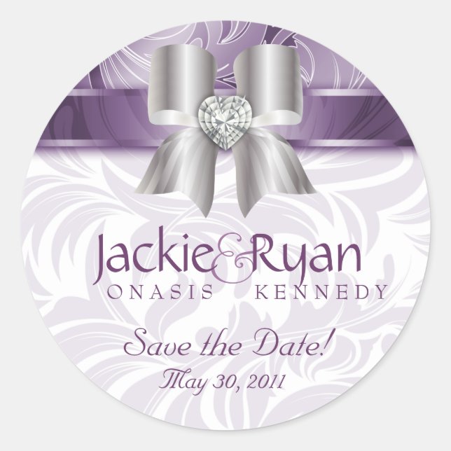 Save the Date Sticker Leaf Floral Purple Bow (Front)