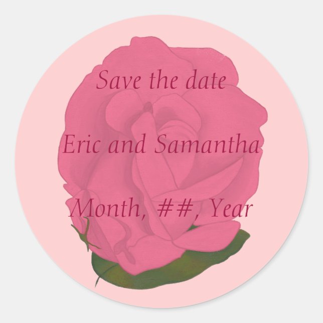 Save the date stickers for weddings, pink rose (Front)