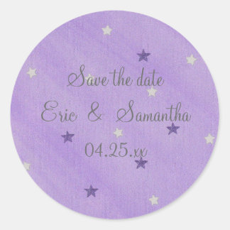 Save the date stickers, purple and silver stars classic round sticker