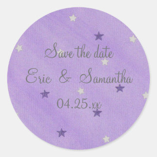 Save the date stickers, purple and silver stars classic round sticker