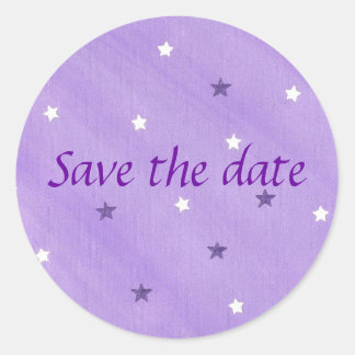 Save the date stickers, purple and white stars classic round sticker