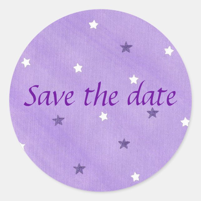 Save the date stickers, purple and white stars classic round sticker (Front)
