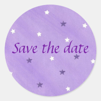 Save the date stickers, purple and white stars classic round sticker