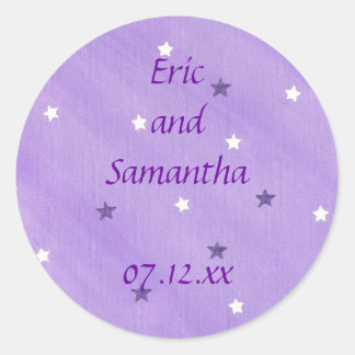 Save the date stickers, purple and white stars classic round sticker