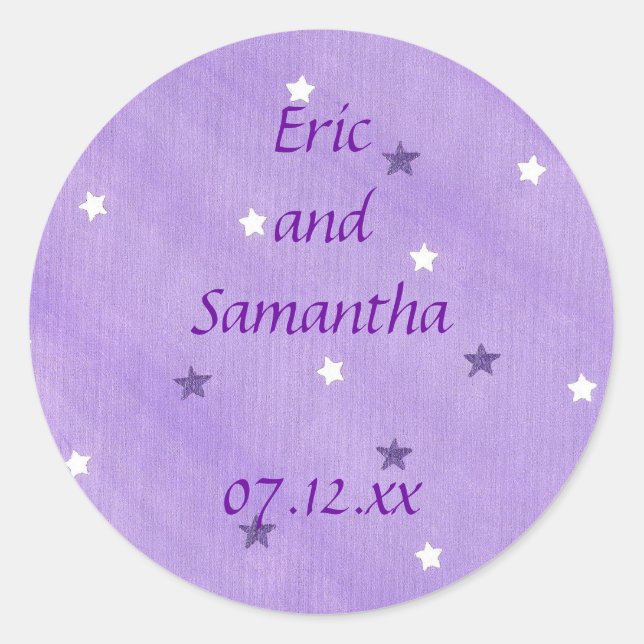 Save the date stickers, purple and white stars classic round sticker (Front)