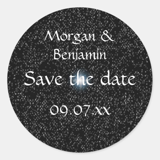 Save the date stickers, Silver Stars on Black Classic Round Sticker (Front)