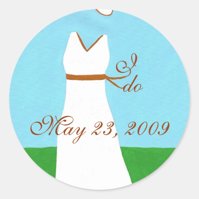 Save the date stickers, wedding dress, brown trim classic round sticker (Front)