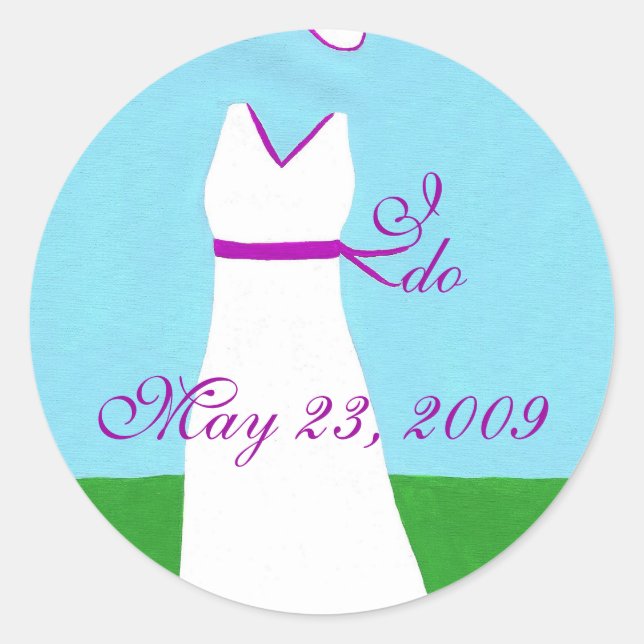 Save the date stickers, wedding dress, purple trim classic round sticker (Front)
